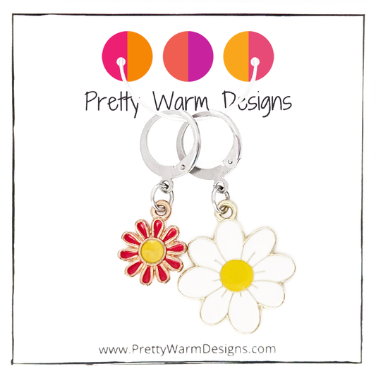 White and Red Daisies Summer Crochet Stitch Marker Duo