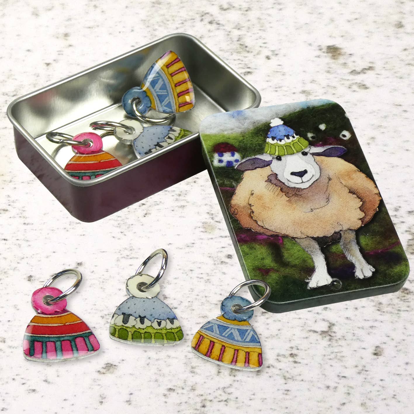 Hats Stitch Markers In A Tin